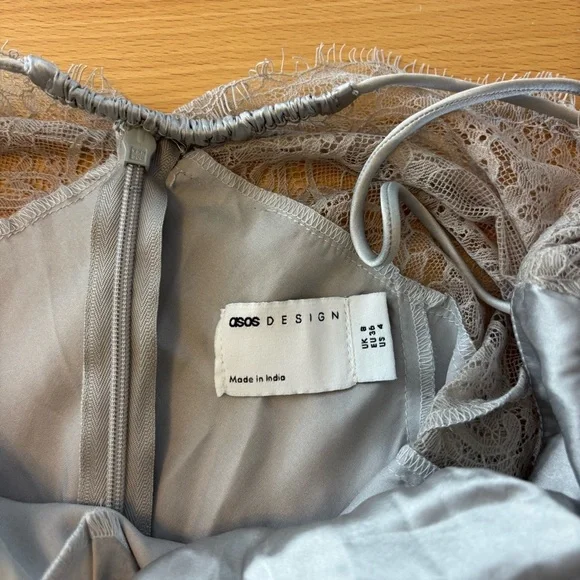 ASOS Design Silver Satin Maxi Dress Lace Back Cutout Slit Size Small 4 - Picture 8 of 10